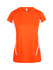 An orange women's t-shirt with short sleeves and white side panels. It includes a logo on the front.