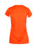 An orange women's T-shirt with white side panels, featuring a fitted design and short sleeves. It has a logo on it.