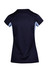 A women's T-shirt in navy blue with light blue accents, featuring a logo. Back view displayed.