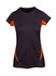 A black and orange women's cool-dry t-shirt with short sleeves and a fitted design. It features branding on the fabric.