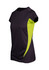 A women's T-shirt featuring a black body with bright lime green panels, and a logo on the shirt.