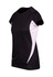 A black women's T-shirt with white side panels and short sleeves, featuring a logo.