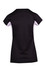 A black women's T-shirt with short sleeves and a contrasting colour panel on the sides. It features a logo on the back.