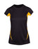 A black and yellow women's T-shirt with a round neckline and short sleeves, featuring side panels.