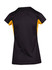 A women's black and yellow t-shirt with a fitted design and short sleeves, featuring a logo on the back.