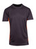 A men's T-shirt in dark grey with orange accents, featuring a logo on one side.