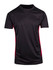 A black and red men's T-shirt featuring a smooth fabric and a fitted design. It includes a logo.