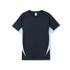 A navy blue and light blue men's t-shirt with short sleeves and a logo.
