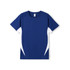 A navy blue men's t-shirt with short sleeves and white side accents, featuring a logo.