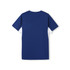 A blue men’s t-shirt with a smooth fabric and a back view. The shirt features a logo on the side.