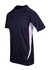 A navy blue and white men's T-shirt with a sporty design and a logo on it.