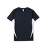 A navy blue men's t-shirt with short sleeves and contrasting white side panels, featuring a logo.