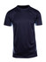 A navy blue men's T-shirt featuring short sleeves and a fitted design, with light blue side accents.