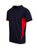 A navy blue T-shirt with red accents, featuring a logo on the front. Ideal for athletic wear.