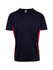 A navy blue T-shirt with red side accents and a logo, designed for men.
