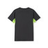 A dark grey T-shirt with bright green accents, featuring a logo on the back. Suitable for active wear.