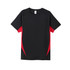 A black T-shirt with red accents, designed for men's athletic wear. Features a logo on the front.