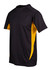 A black and yellow men's t-shirt with a logo, featuring a cool dry design. Suitable for active wear.