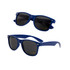 Blue sunglasses with dark lenses, featuring a logo on the side, showcased from different angles.