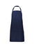 A navy blue apron featuring a pocket and an adjustable neck strap, with a simple logo design.