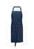A denim apron with a pocket and adjustable neck strap. It features a logo on the front.