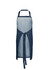 A denim apron featuring a lighter denim front, adjustable straps, and pockets with a tie waist.