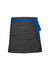 A black waist apron with a blue tie, featuring two pockets at the front. Branding is present on the apron.