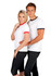 A white unisex ringer T-shirt with red and navy accents, displayed on a male and female model.