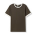 A men's unisex ringer T-shirt in brown with white trim on the neckline and sleeves. It features a logo.