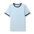 A light blue ringer T-shirt featuring dark navy trim around the collar and sleeves, with a label at the neck.
