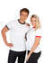 A grey and white unisex ringer T-shirt paired with navy shorts, and a white T-shirt with orange trim, worn with pink shorts.
