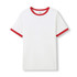 A white unisex ringer T-shirt with red trim on the collar and sleeves. It features a logo at the neck.