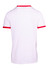 A unisex ringer T-shirt with a white body and red collar and sleeve trims, featuring a visible logo.