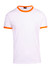 A white unisex ringer T-shirt with orange ribbed collar and sleeve accents. It features a logo on the neckline.