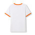A men's/unisex ringer T-shirt in white with orange trim, featuring a plain back and a logo on the collar.