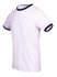 A white Ringer T-shirt with navy blue trim on the collar and sleeves. Features a logo.