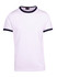 A white ringer T-shirt with a navy blue neckline and sleeve trim, featuring a logo on the label.
