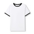 A white unisex ringer T-shirt with black collar and sleeve edges. The shirt features a logo on the tag.