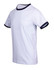 A white unisex ringer T-shirt featuring navy blue trim on the collar and sleeves, with a logo present.