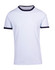 A light blue ringer T-shirt featuring a dark blue collar and sleeve trims. It has a logo on the front.