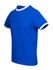 A blue unisex ringer T-shirt with white trim on the collar and sleeves, featuring a logo.