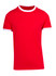 A red ringer T-shirt with white trim on the collar and sleeves. It features a logo on the front.