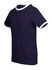 A navy unisex ringer T-shirt featuring contrasting white cuffs and collar, and a logo on the front.
