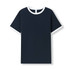A navy blue ringer T-shirt with white trim on the collar and sleeves. It features a logo.