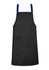 A black apron with blue straps and a front pocket, featuring a logo on the design.