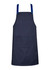 A navy blue chef's apron with blue straps and a front pocket, featuring a branding logo.