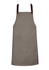 A khaki apron with brown straps and a front pocket. The apron features a logo or branding detail.
