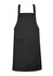 A black apron with adjustable dark straps and a front pocket, featuring a logo.