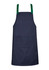 A navy blue apron with green straps and a front pocket, featuring a logo on one side.