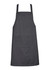 A dark grey bib apron featuring a front pocket and adjustable straps, with a small logo on one side.